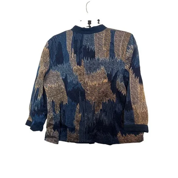 Chicos Open Front Jacket Women’s Size 2 Navy & Beige Textured Pattern Cotton Ble - Picture 2 of 8